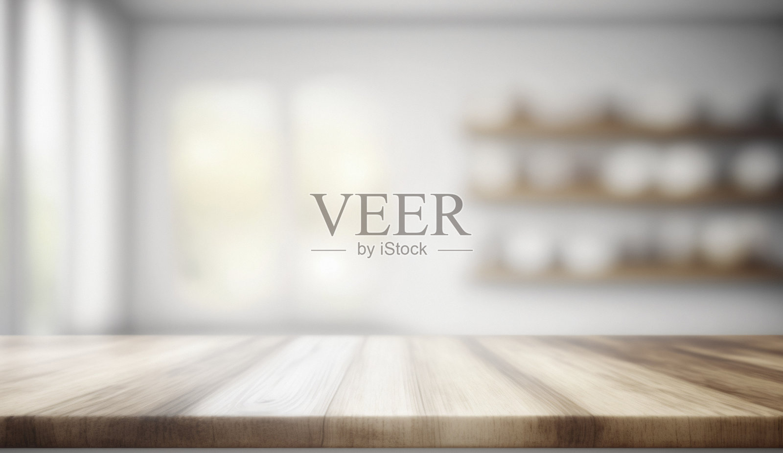 木制桌面与模糊的白色现代厨房背景。模拟了照片摄影图片