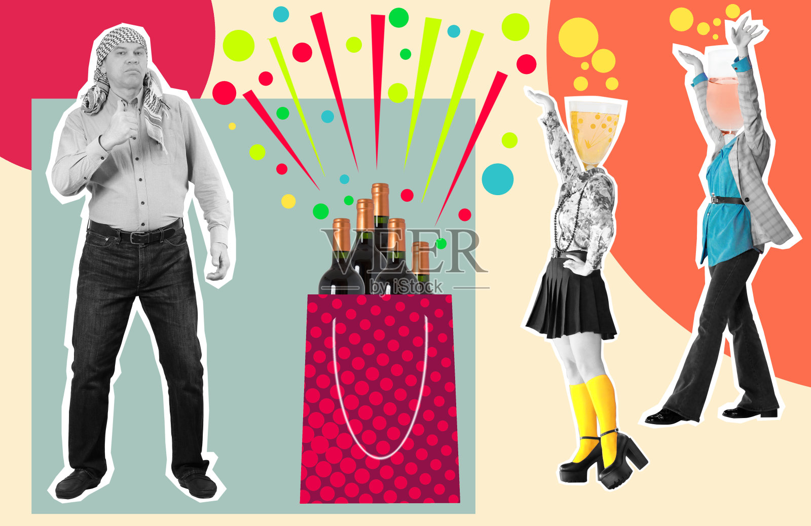 当代创意艺术拼贴。有趣,快乐。人们去参加酒会，喝酒，玩得开心。灵感、创意、杂志风格、时尚照片摄影图片