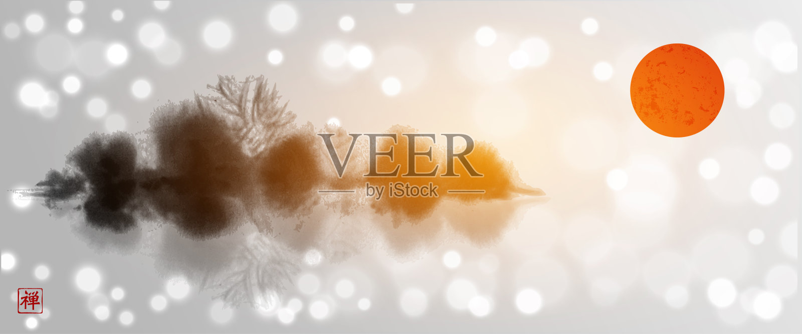 极简风格的水墨画。迷雾岛，森林树木和大红太阳在白色发光的背景。东方水墨画sumi-e, u-sin, go-hua。象形文字的翻译-禅插画图片素材