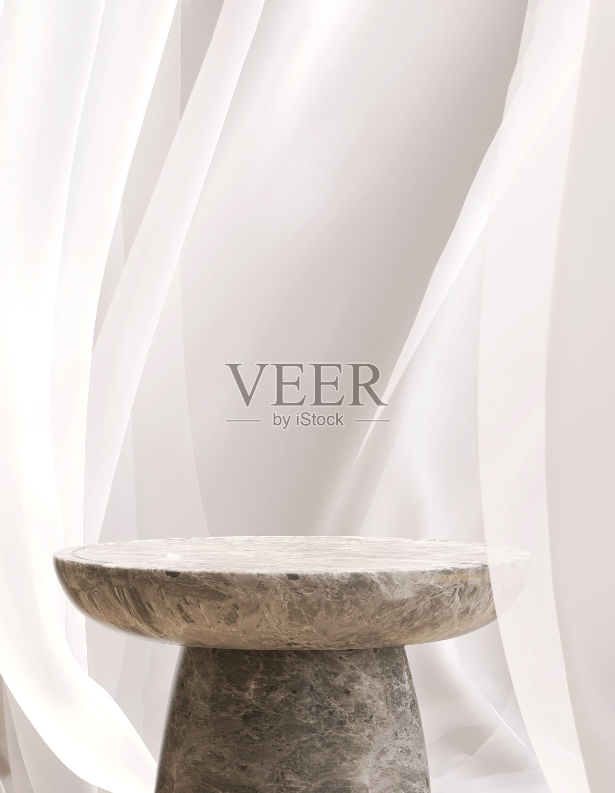 空的最小圆形灰色大理石讲台边桌在柔软的白色吹薄布窗帘窗帘在阳光下照片摄影图片