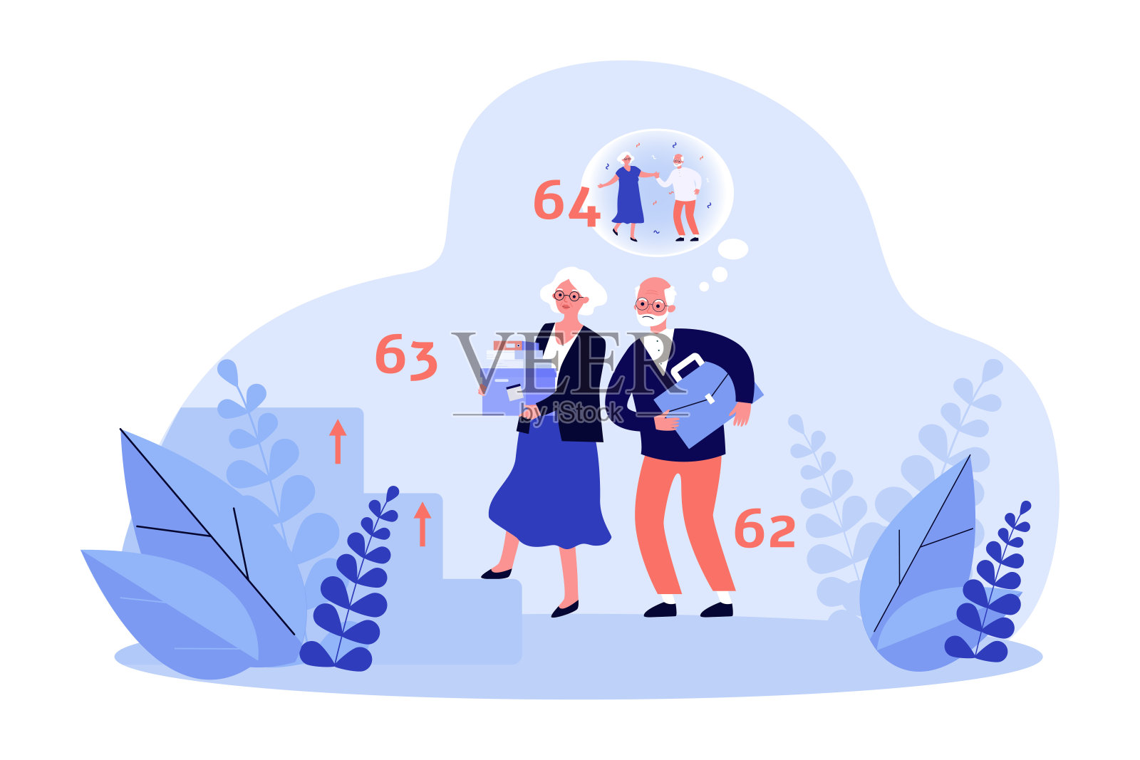 老年夫妇和楼梯走向延长退休年龄插画图片素材