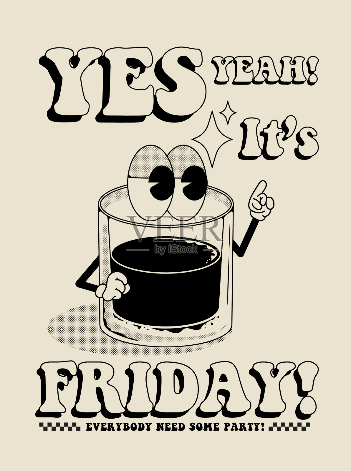 有趣的复古风格的海报或卡片或t恤印刷设计模板与酒精饮料玻璃字符和排版组成孤立的光背景。矢量图插画图片素材