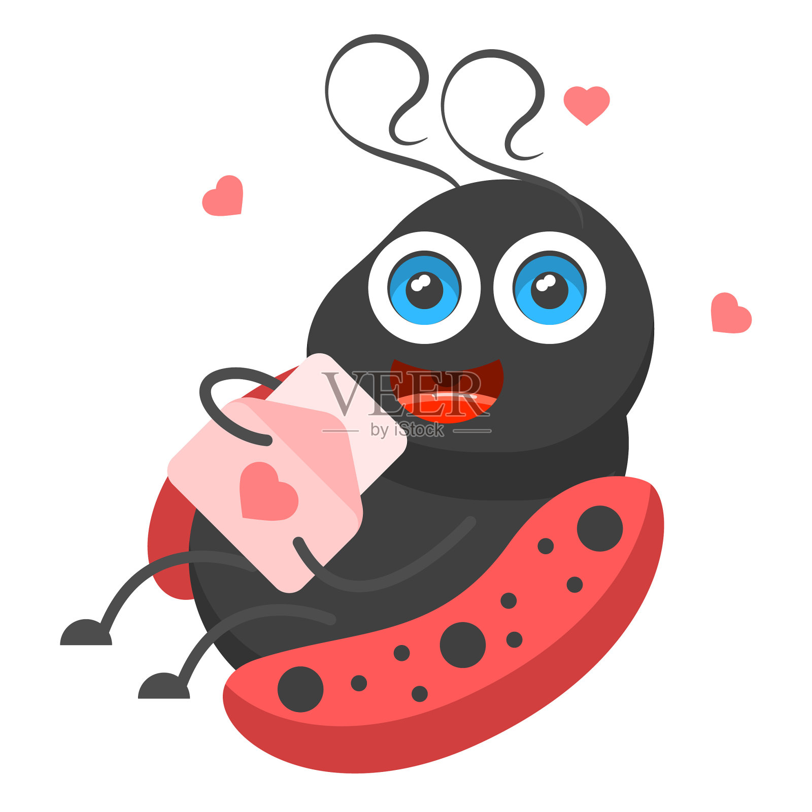 抽象平面卡通不同的动物昆虫瓢虫与情书矢量设计风格元素动物野生动物插画图片素材