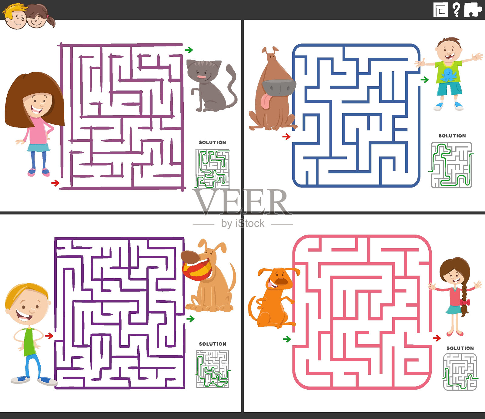 迷宫活动游戏设置与卡通儿童和他们的宠物插画图片素材