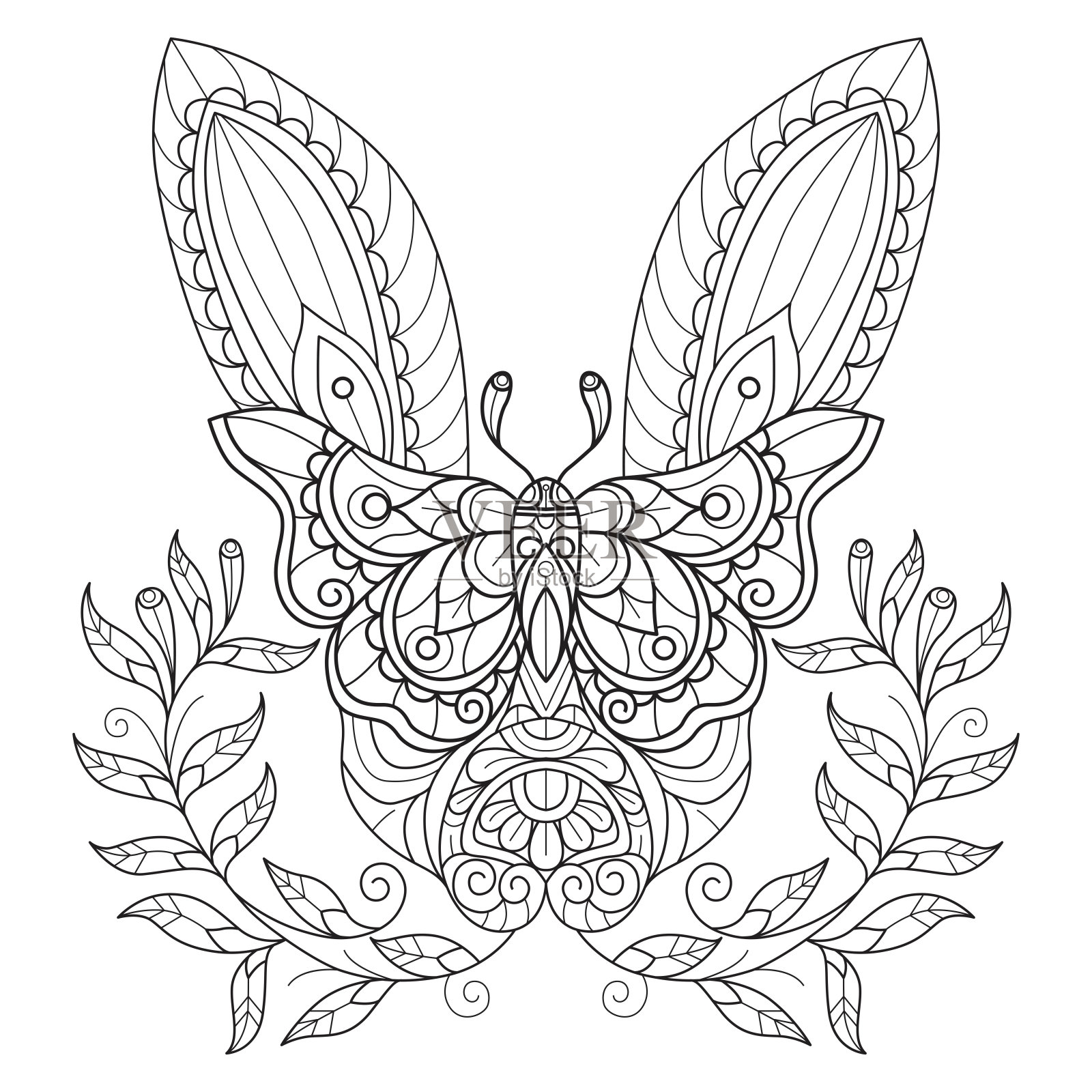 兔子和蝴蝶手绘成人着色书插画图片素材