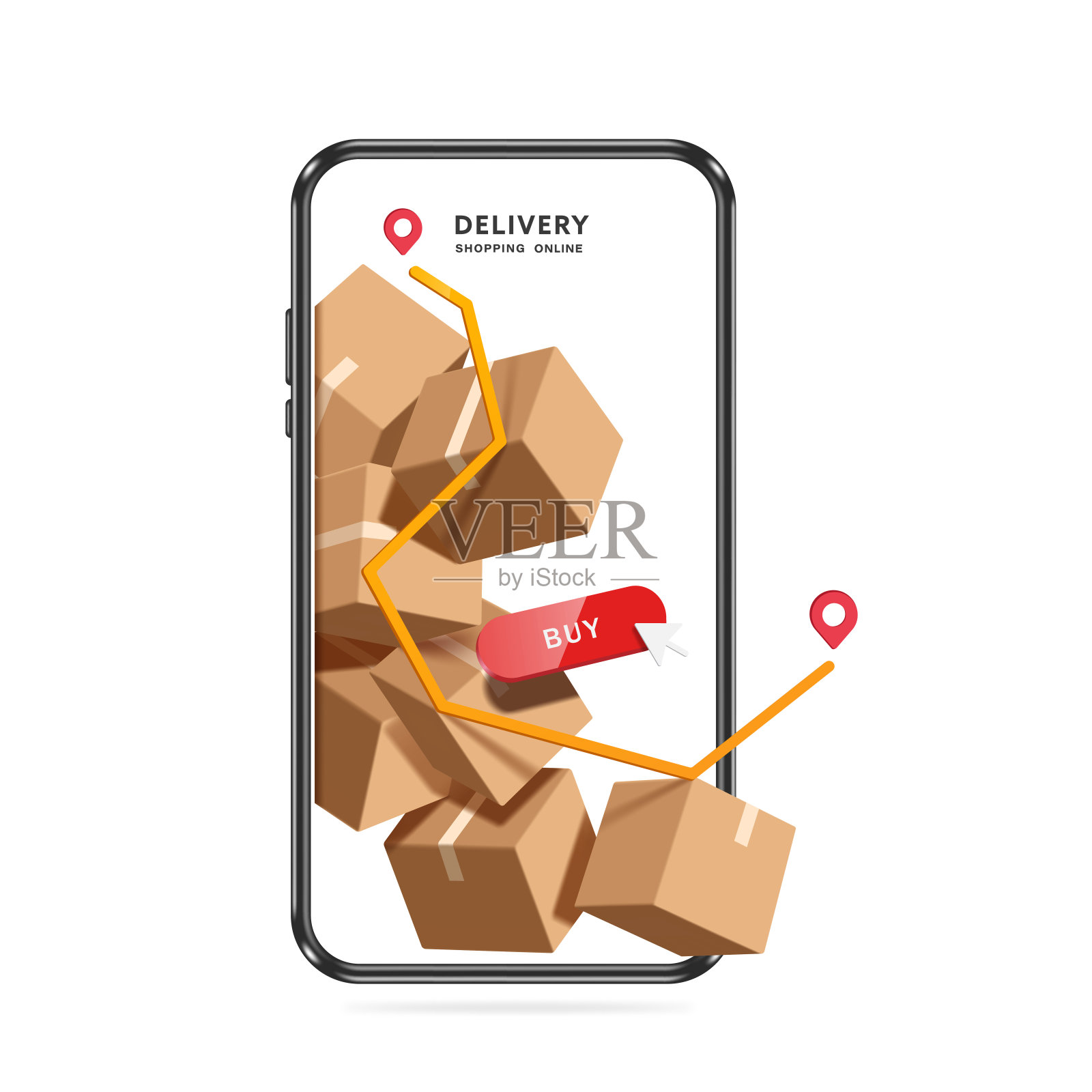 许多包裹盒或纸板箱，黄色路径，Pin红色标记，红色购买按钮出现在智能手机屏幕上插画图片素材