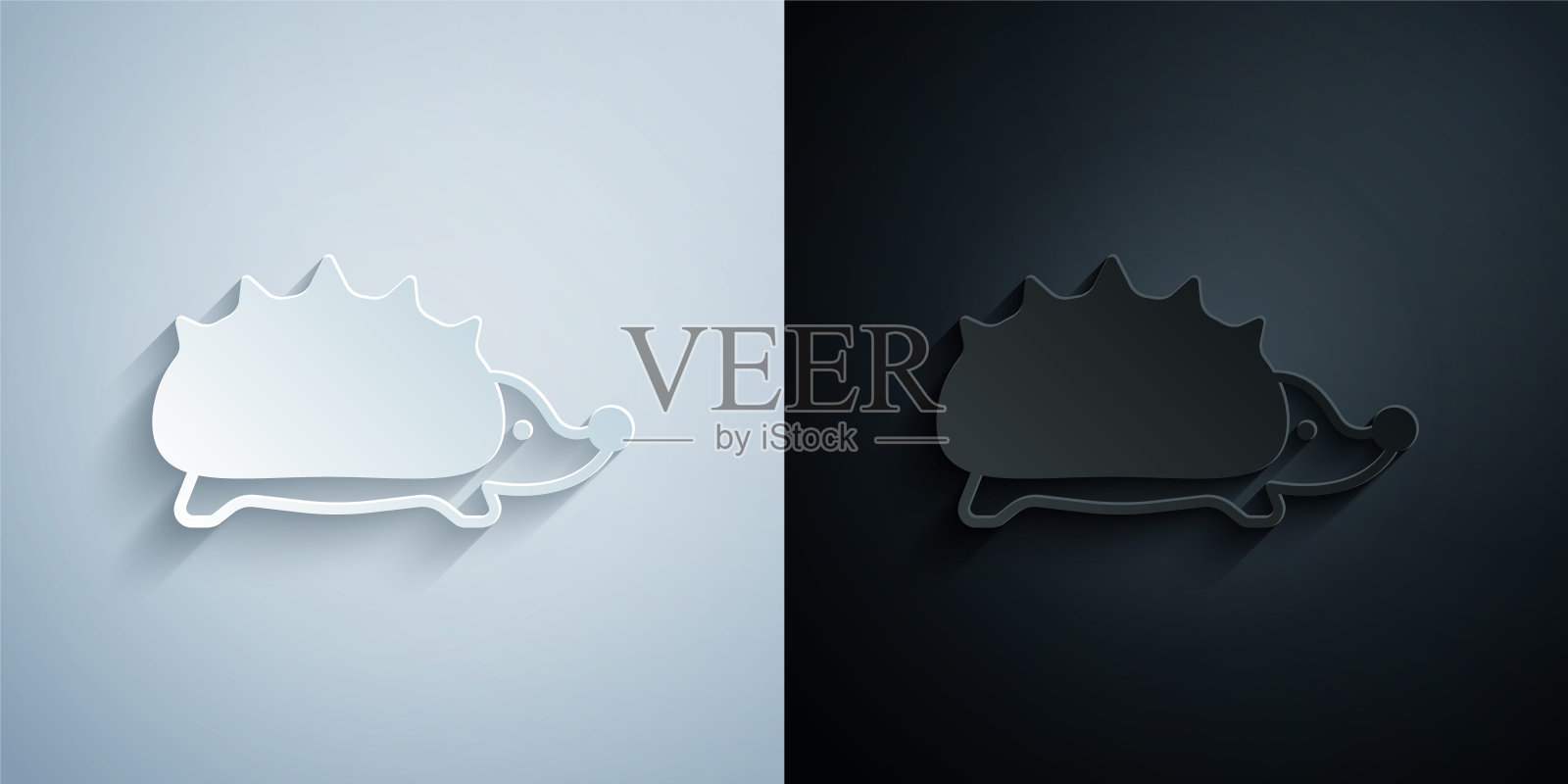 剪纸刺猬图标隔离在灰色和黑色的背景。动物的象征。纸艺风格。向量插画图片素材