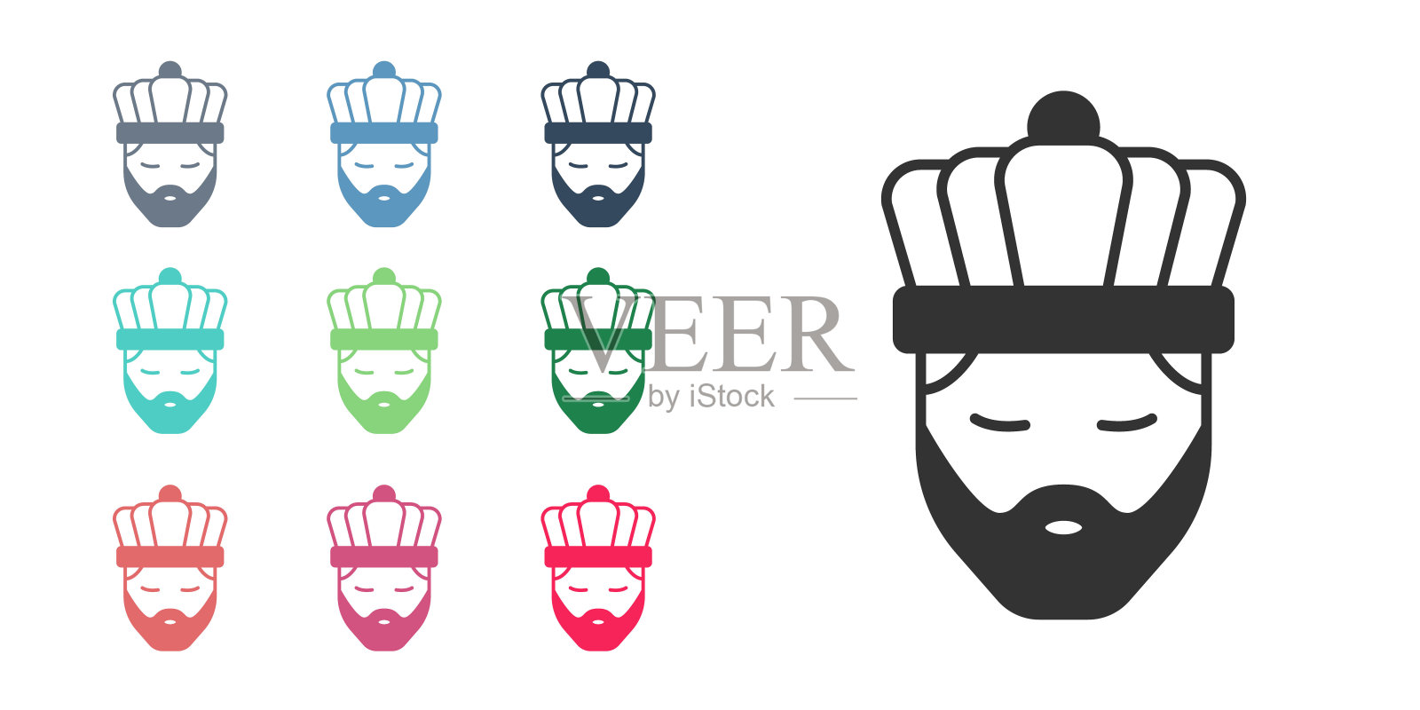 黑色国王与皇冠图标隔离在白色背景。设置图标彩色。向量插画图片素材