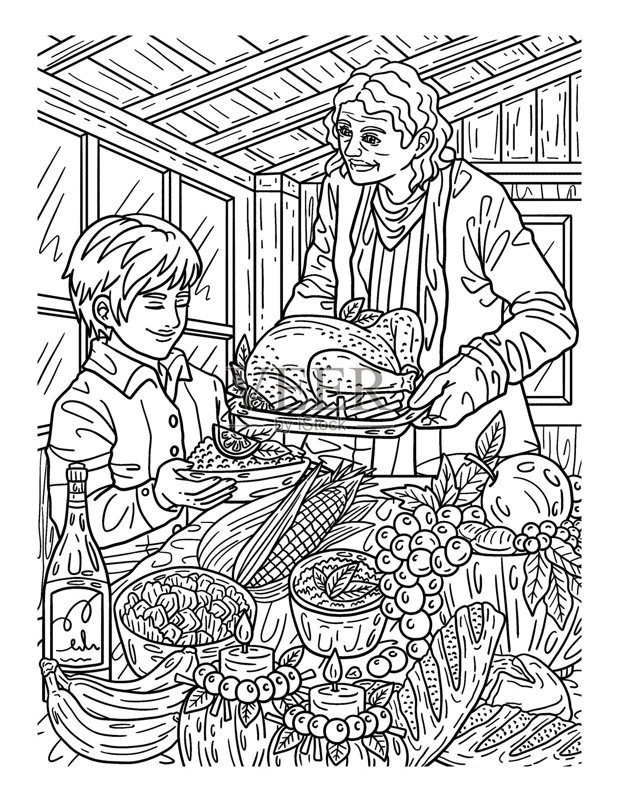 感恩节奶奶准备食物成人着色插画图片素材
