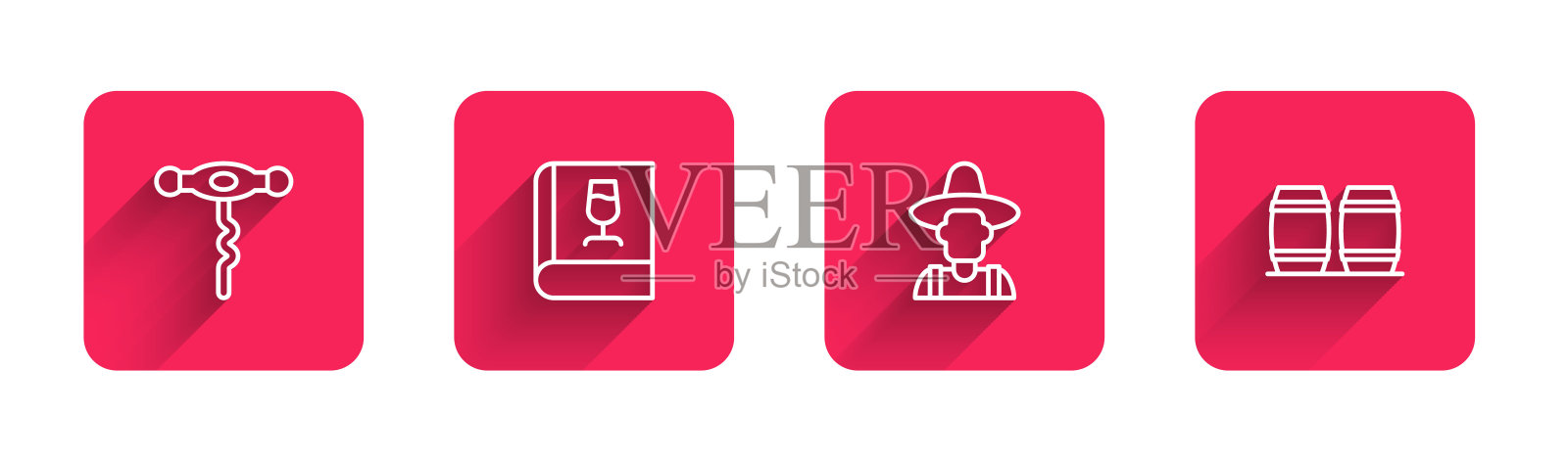 葡萄酒开瓶器，葡萄酒书，农夫的帽子和木桶，有长长的影子。红色方块按钮。向量插画图片素材