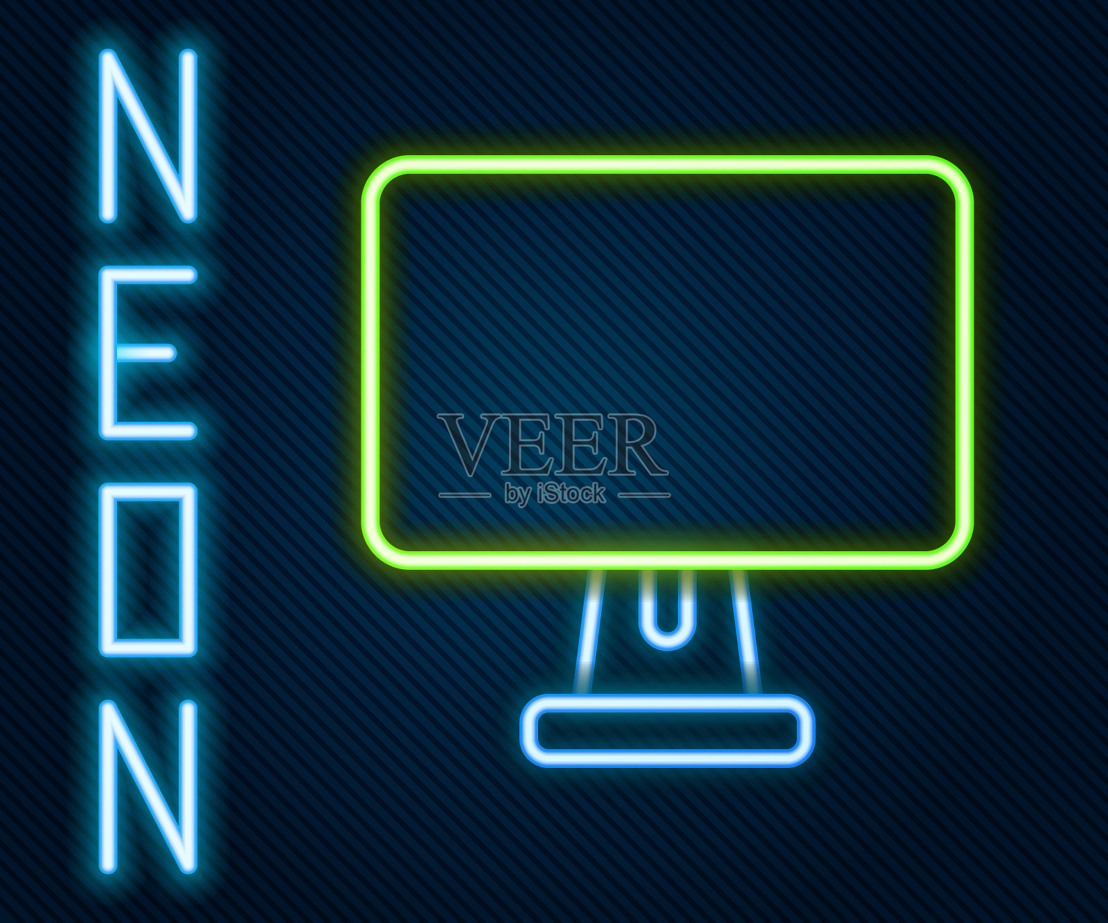 发光的霓虹灯线电脑显示器屏幕图标孤立在黑色背景。电子装置。前视图。色彩缤纷的轮廓概念。向量插画图片素材