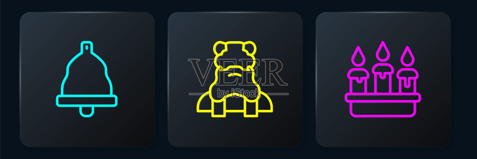 设置线教堂钟，烛台上燃烧的蜡烛和牧师。黑色方形按钮。向量插画图片素材