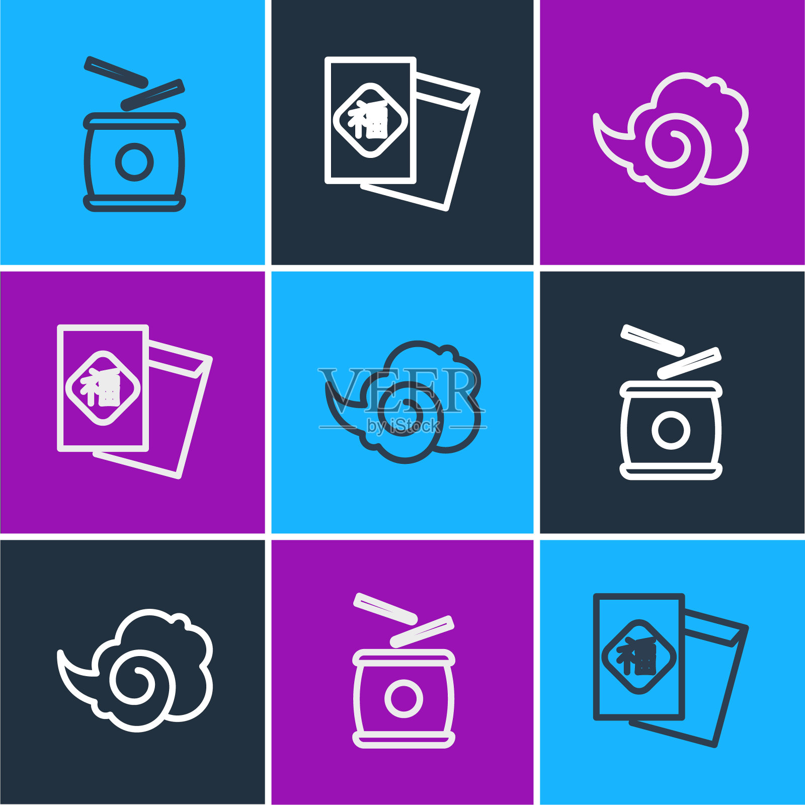 设置行中国鼓，魔术雾或烟和新年图标。向量图标素材