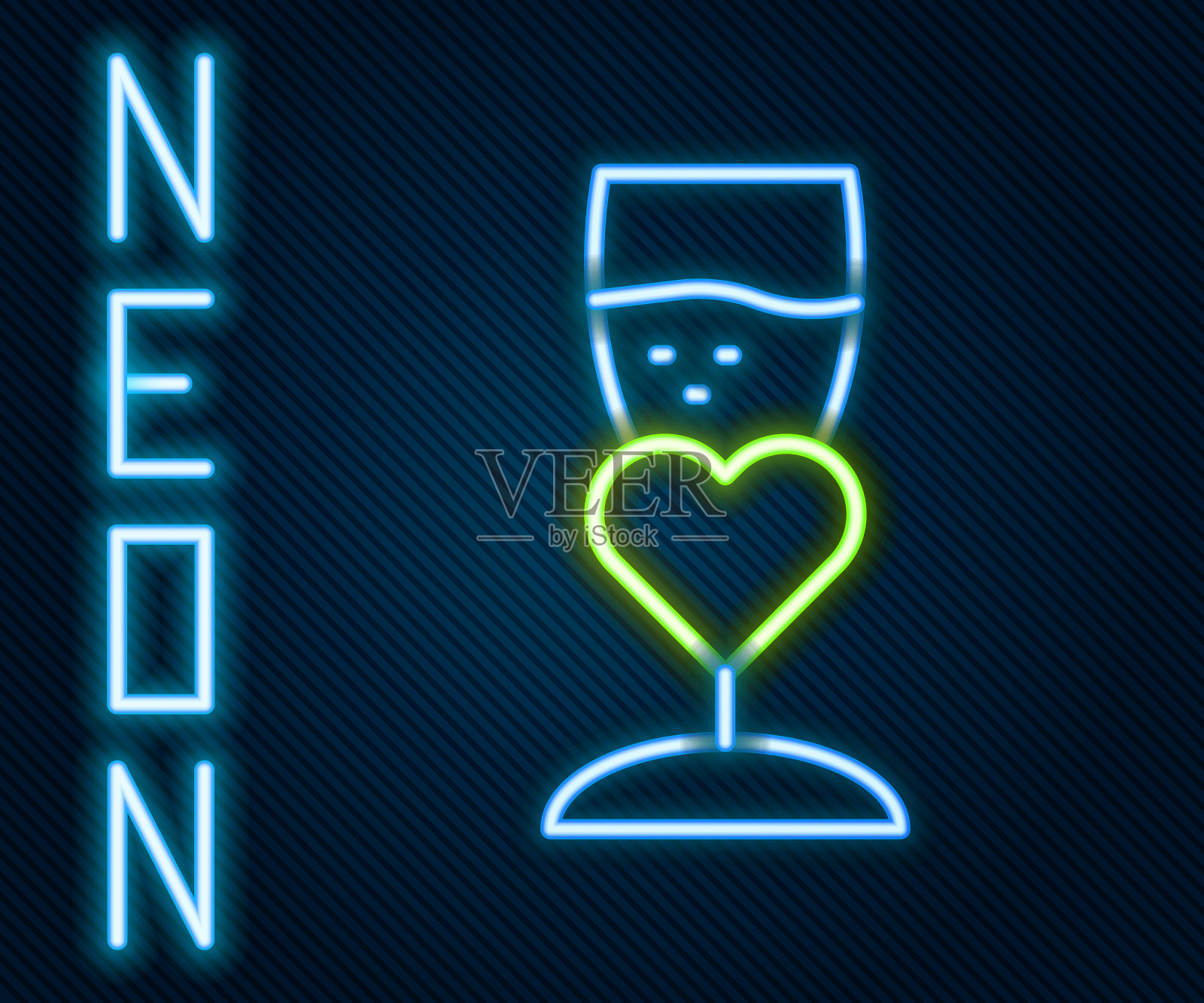 发光的霓虹灯线香槟图标隔离在黑色背景玻璃。情人节快乐。色彩缤纷的轮廓概念。向量插画图片素材