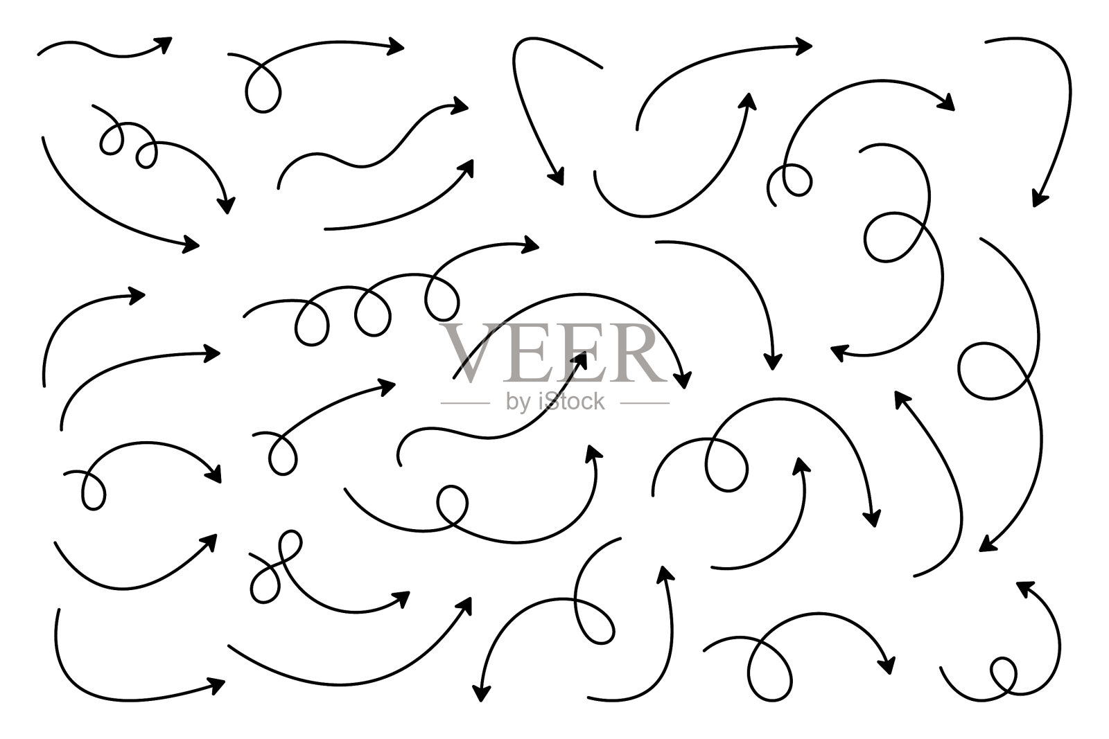 弯曲的箭头。一组矢量手绘箭头。指针集合。插画图片素材