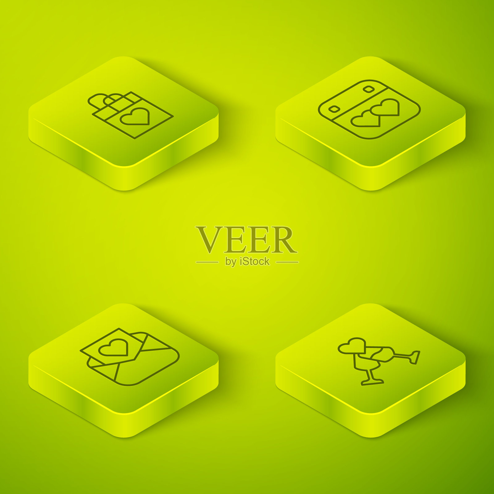 设置等距线日历与心脏，信封情人节，香槟和购物袋图标的玻璃杯。向量图标素材