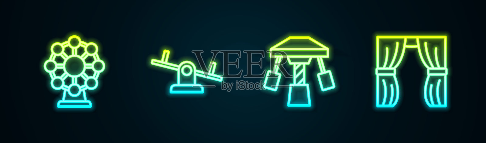 设置线摩天轮，跷跷板，景点旋转木马和马戏团帷幕升起。发光的霓虹灯图标。向量插画图片素材