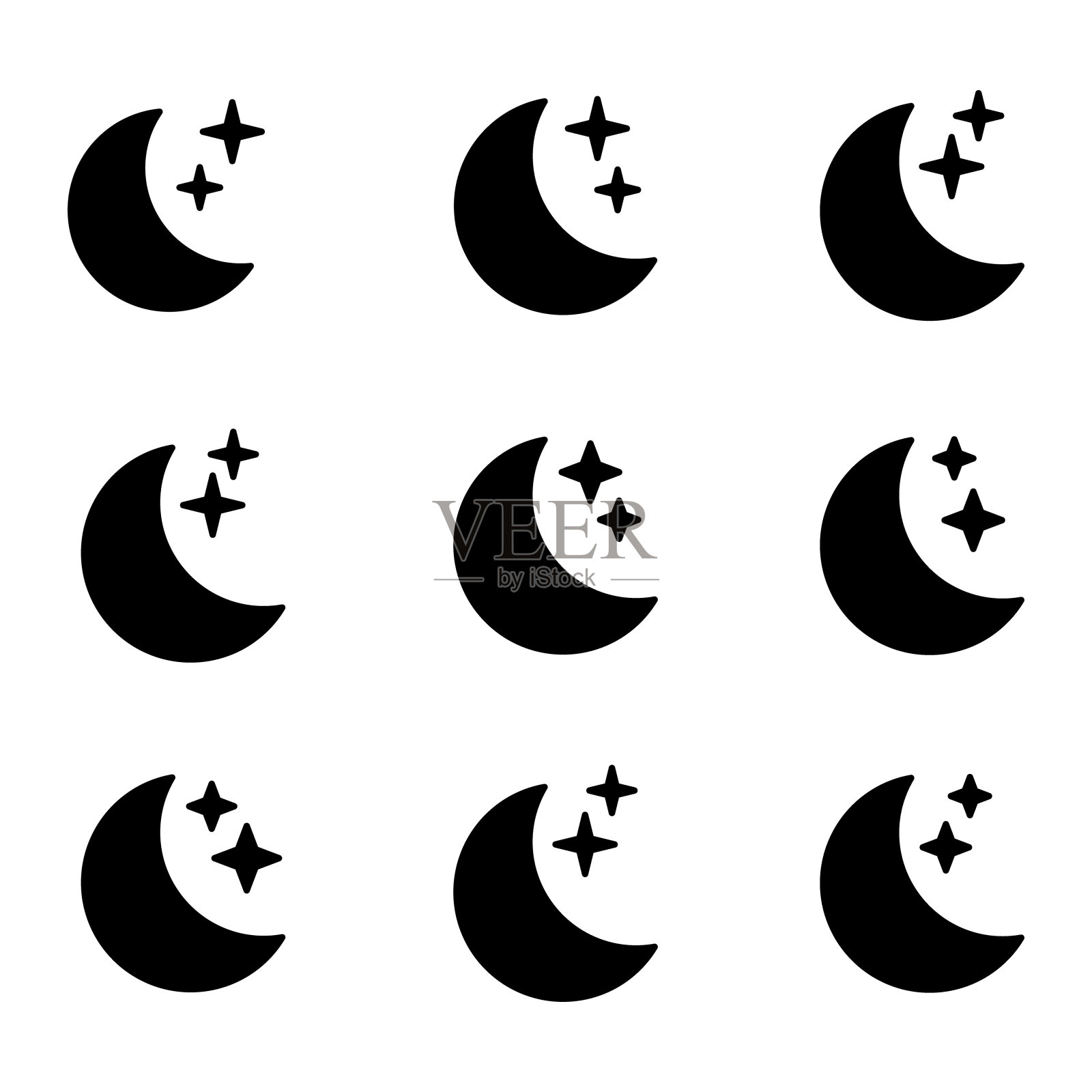 新月与星星图标在白色的背景。晚上图标。新月图标。极简主义的风格。图标素材