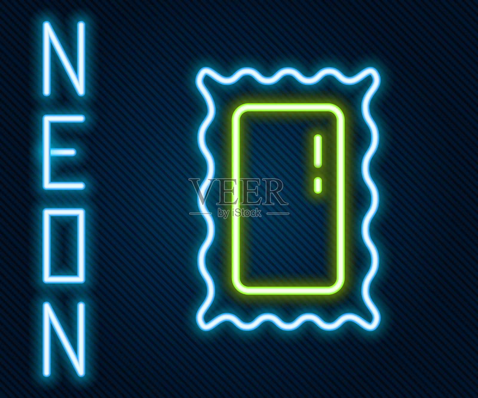 发光的霓虹线大全长镜子卧室，商店，后台图标孤立在黑色背景。色彩缤纷的轮廓概念。向量插画图片素材