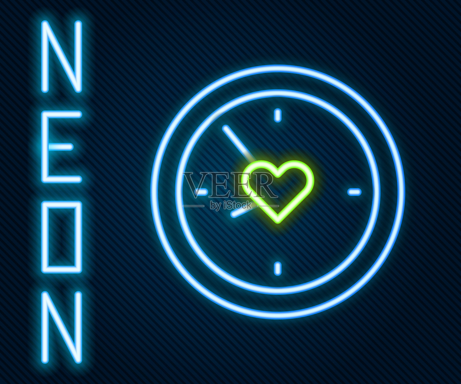 发光的霓虹灯线时钟与心脏图标孤立的黑色背景。情人节。爱的象征。色彩缤纷的轮廓概念。向量插画图片素材