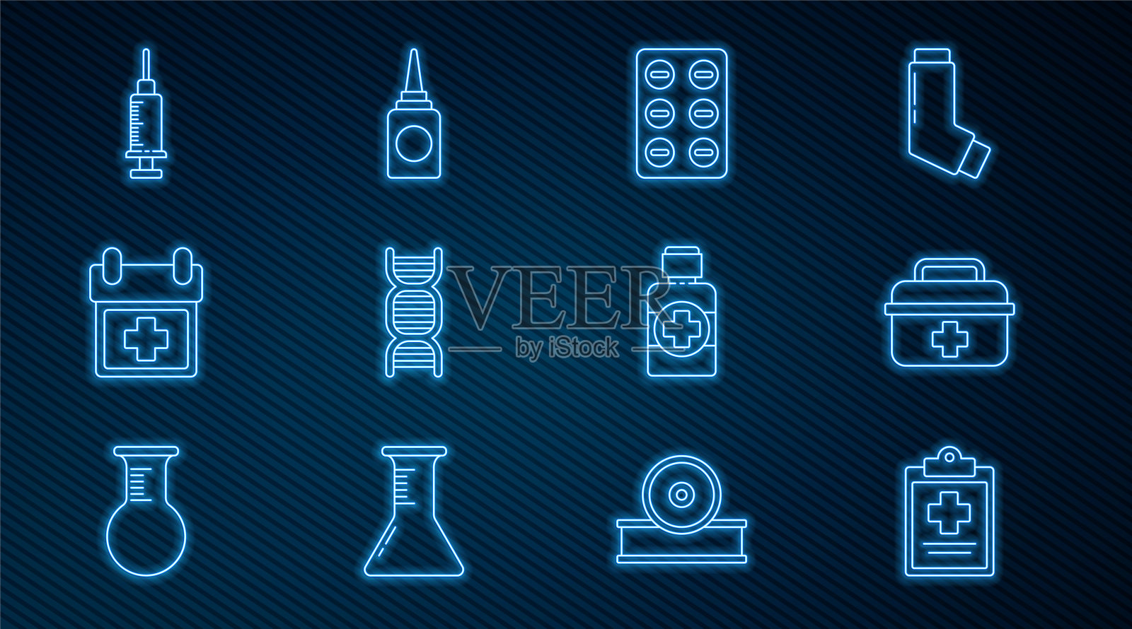 设置线医疗剪贴板与临床记录，急救箱，药丸泡袋，DNA符号，医生预约，注射器，药瓶糖浆和鼻喷雾剂图标。向量插画图片素材