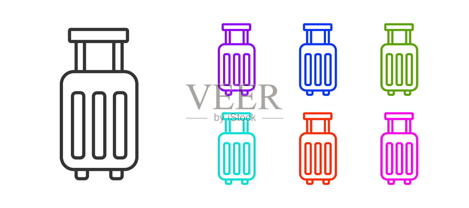 黑线行李箱的旅行图标孤立在白色背景。旅行行李标志。旅行行李图标。设置图标彩色。向量图标素材
