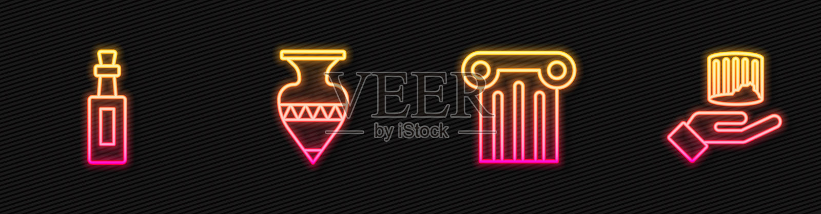 设古柱、橄榄油瓶、双耳瓶等。发光的霓虹灯图标。向量插画图片素材