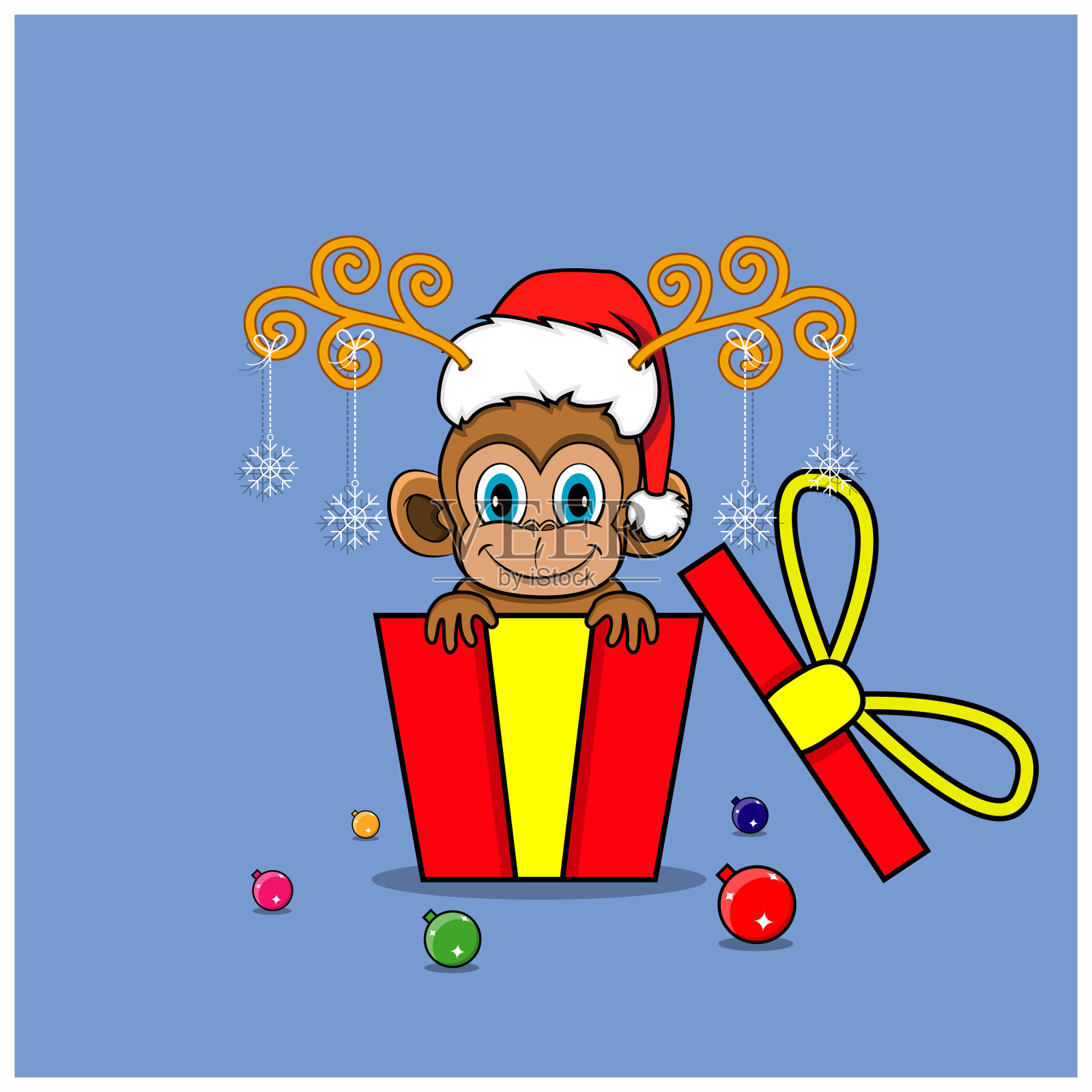 可爱的猴子戴着圣诞老人的帽子。背景，模板，图标，横幅，邀请，贺卡，灵感设计和传单。插画图片素材