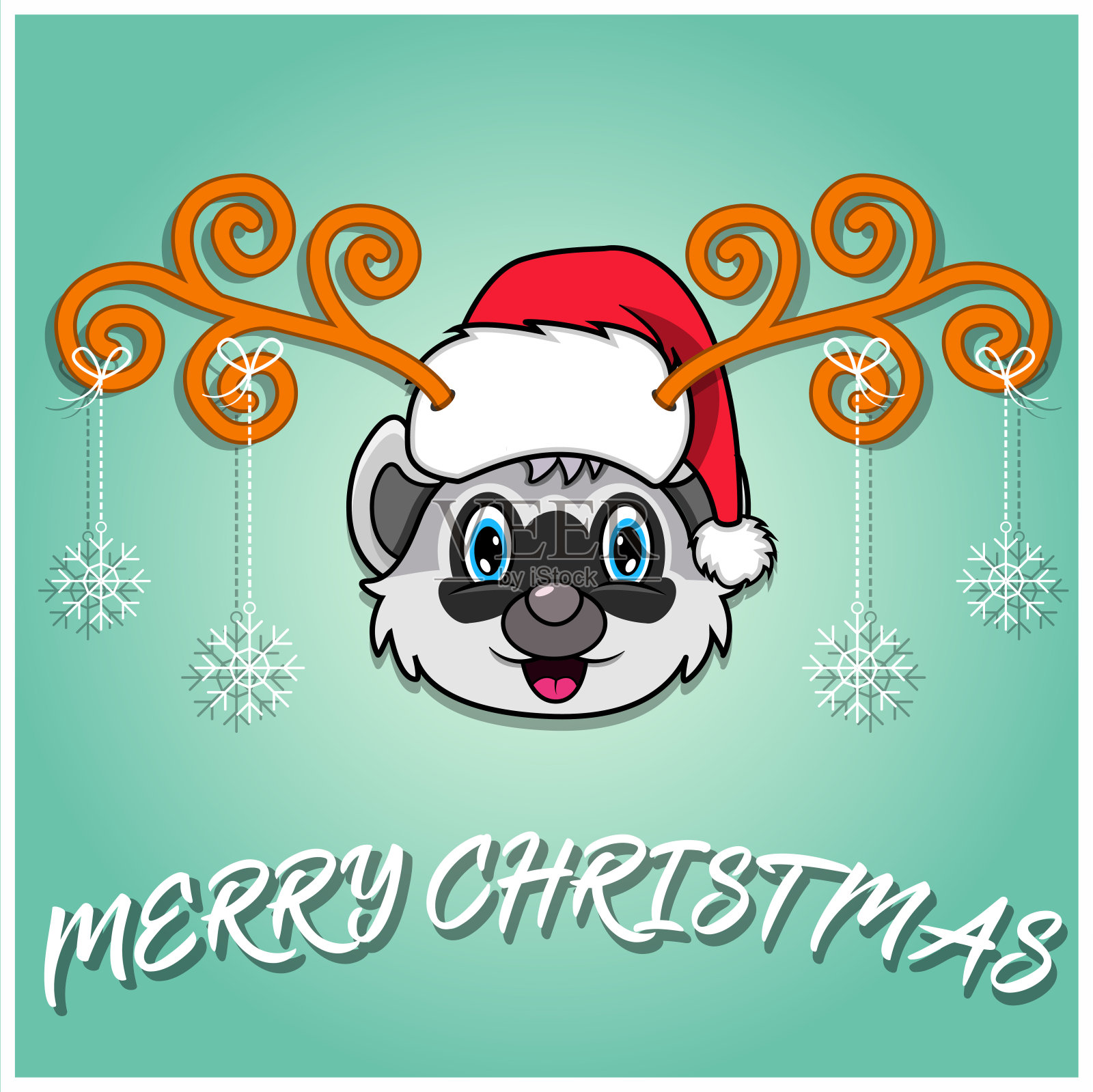 可爱的浣熊头卡通圣诞贺卡。戴帽子和有趣的圣诞节。插画图片素材