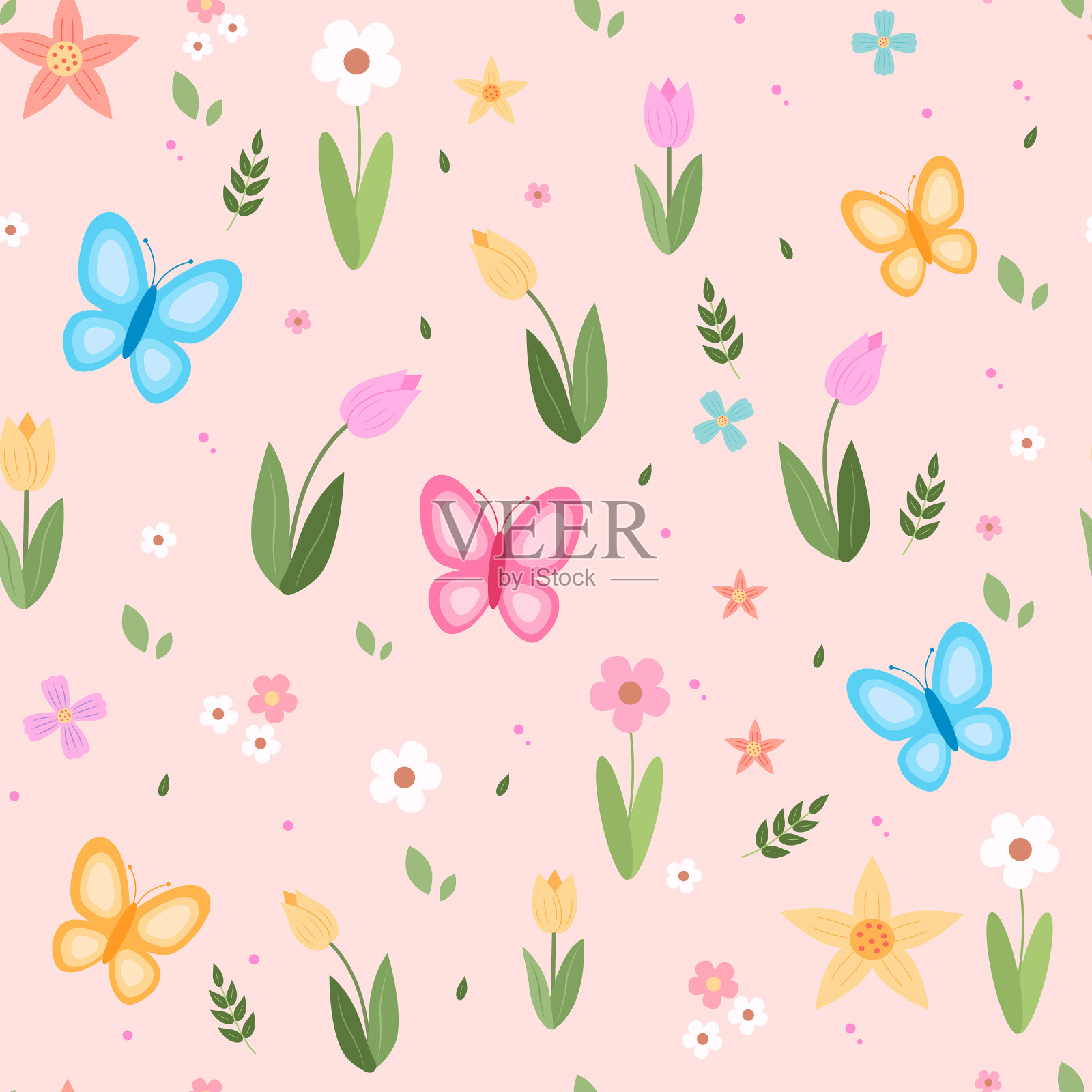 春天的花朵图案是郁金香、樱花和蝴蝶插画图片素材