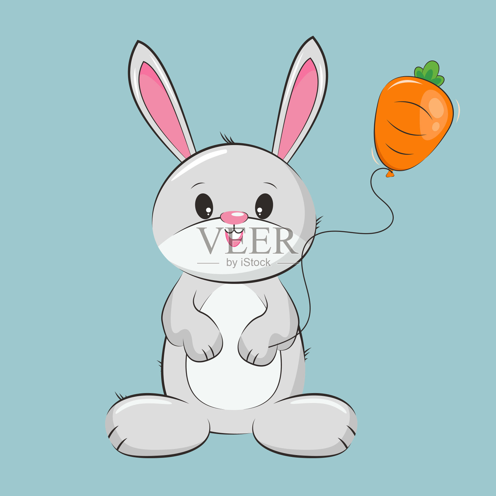 卡通兔子拿着胡萝卜气球。矢量插画家插画图片素材