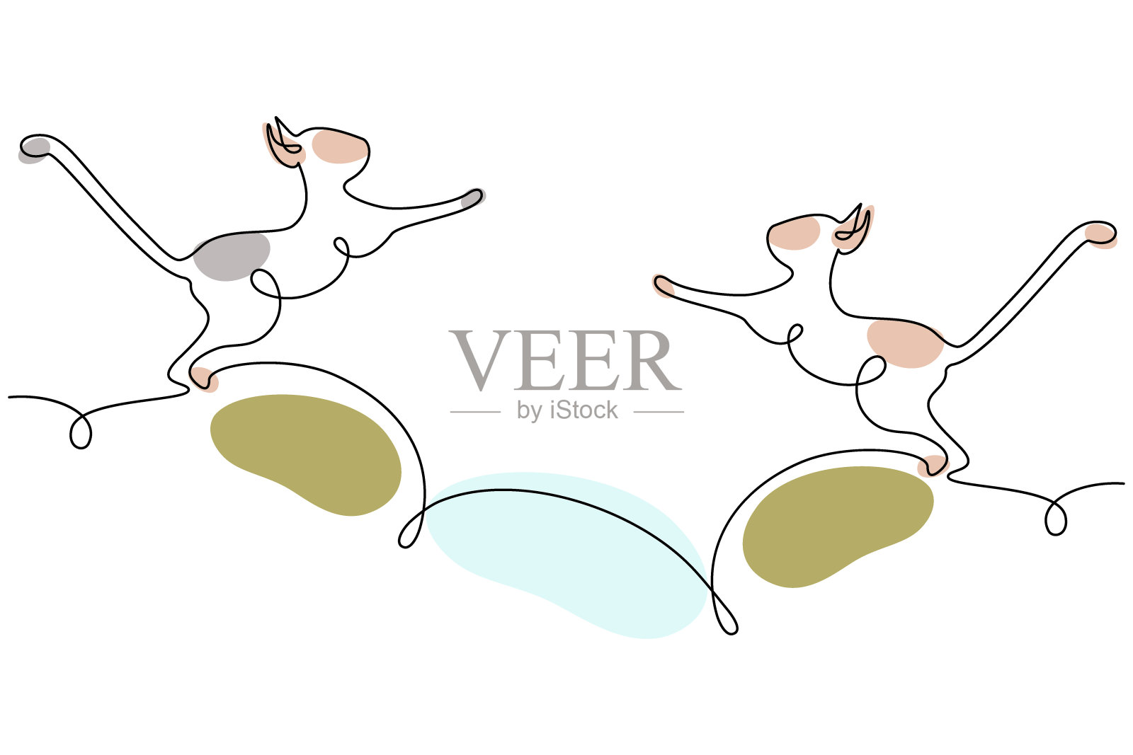 两只猫互相跳来跳去，由一条连续的线和时尚色调的斑点画出来。向量。插画图片素材