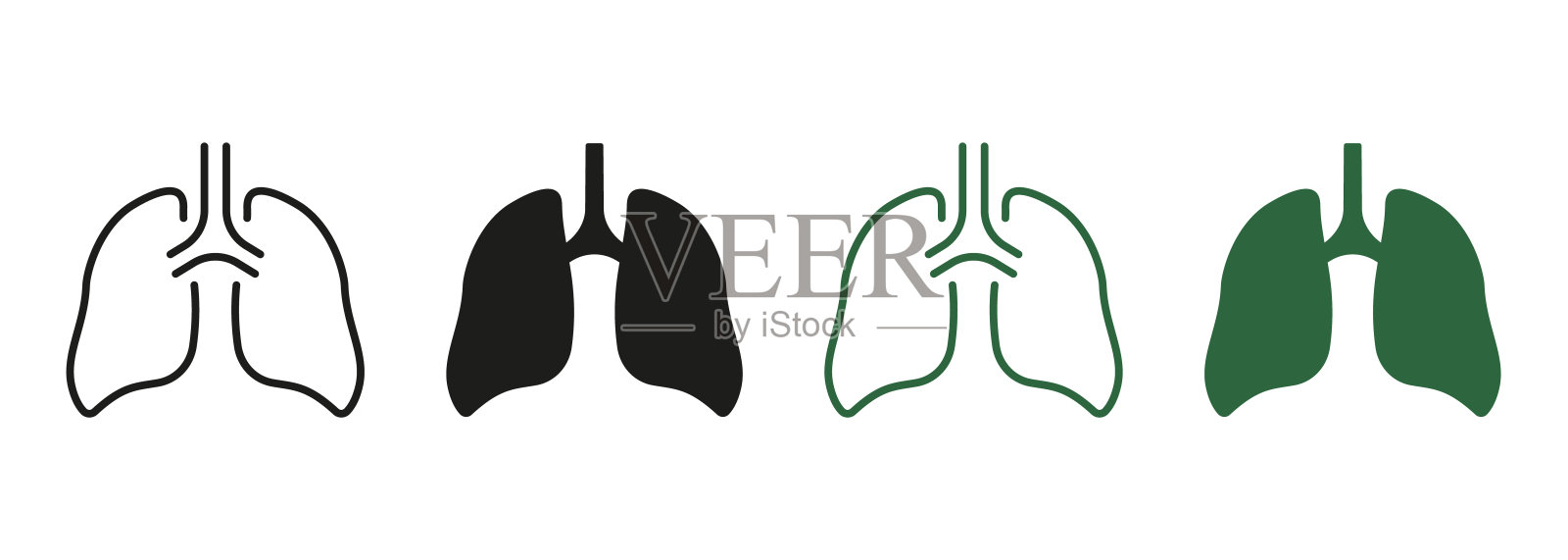 呼吸疾病符号收集在白底。健康支气管呼吸系统线和轮廓颜色图标集。肺，人体内脏象形图。孤立矢量图插画图片素材