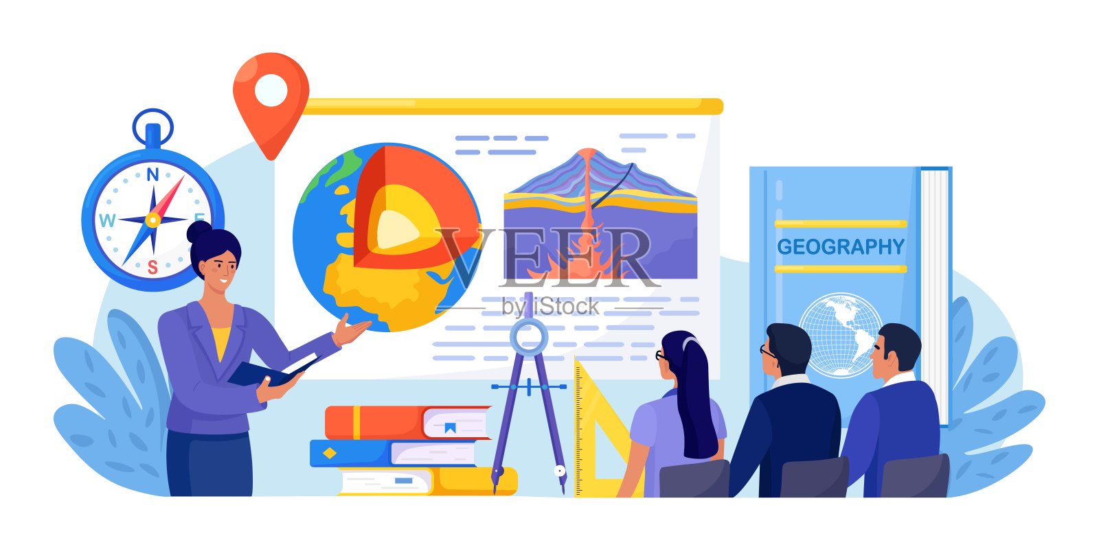 地理学校科目。学生在课堂上学习地质学，学习地球地幔。老师指着黑板，教人。生物圈，地圈，岩石圈，软流圈。地球内部插画图片素材