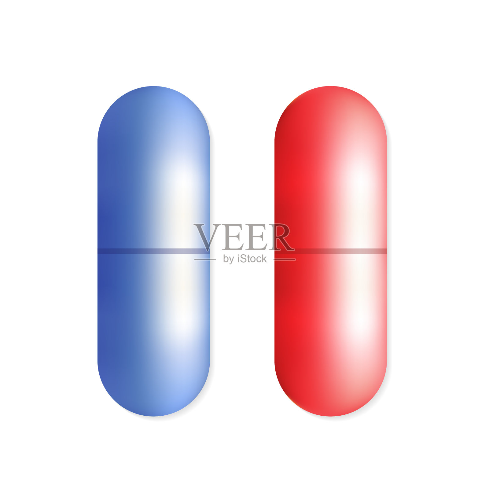 蓝色和红色药丸在白色的背景。母体里的药重要的选择隐喻。决策符号概念。矢量图插画图片素材