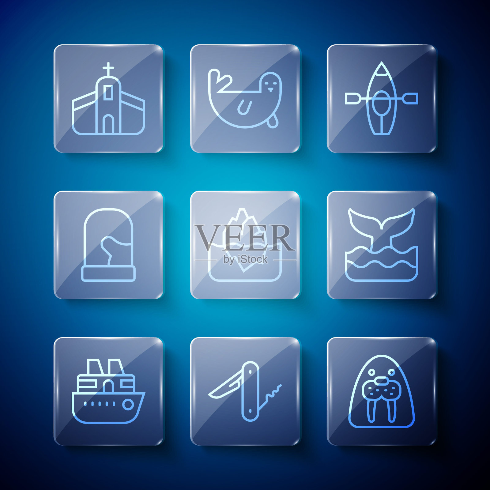 集线游轮，瑞士军刀，海象动物，皮艇和桨，冰山，圣诞连指手套，教堂建筑和鲸尾图标。向量图标素材