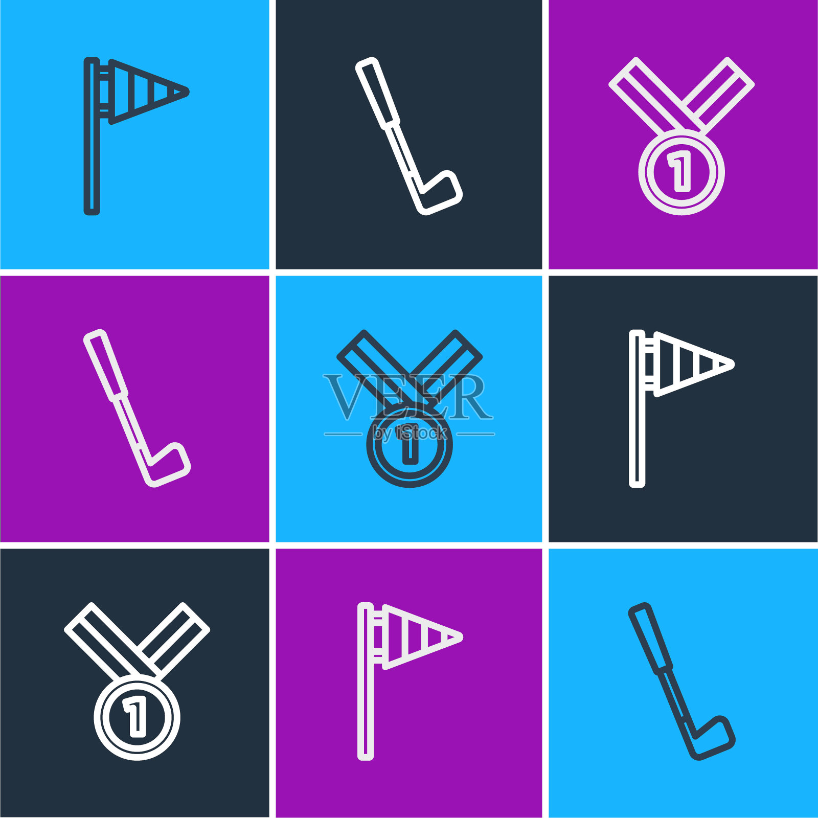 设置线高尔夫旗帜，奖章高尔夫和俱乐部的图标。向量插画图片素材