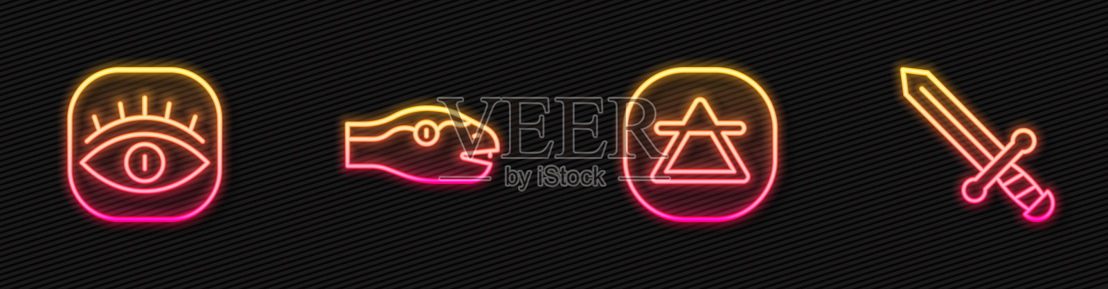 设定线空气元素，石匠，蛇和中世纪的剑。发光的霓虹灯图标。向量插画图片素材