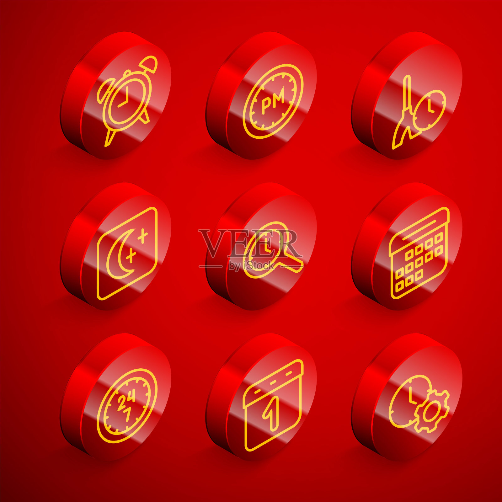 设置线闹钟，白天时间，清洁，月亮和星星，放大镜，日历，时钟24小时和图标。向量图标素材