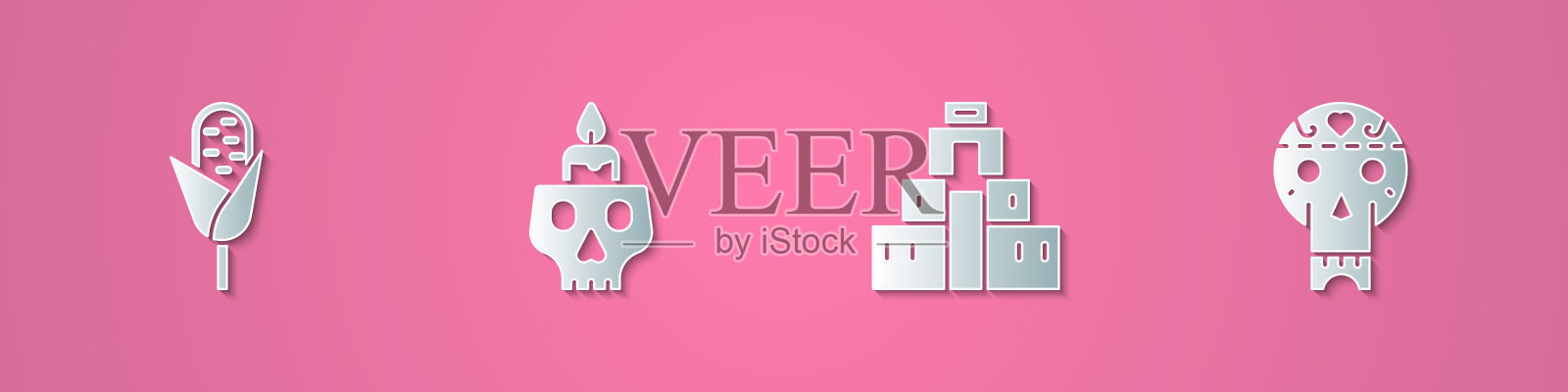 设置剪纸玉米，燃烧的蜡烛上的头骨，奇琴伊察玛雅和墨西哥的图标。纸艺风格。向量图标素材