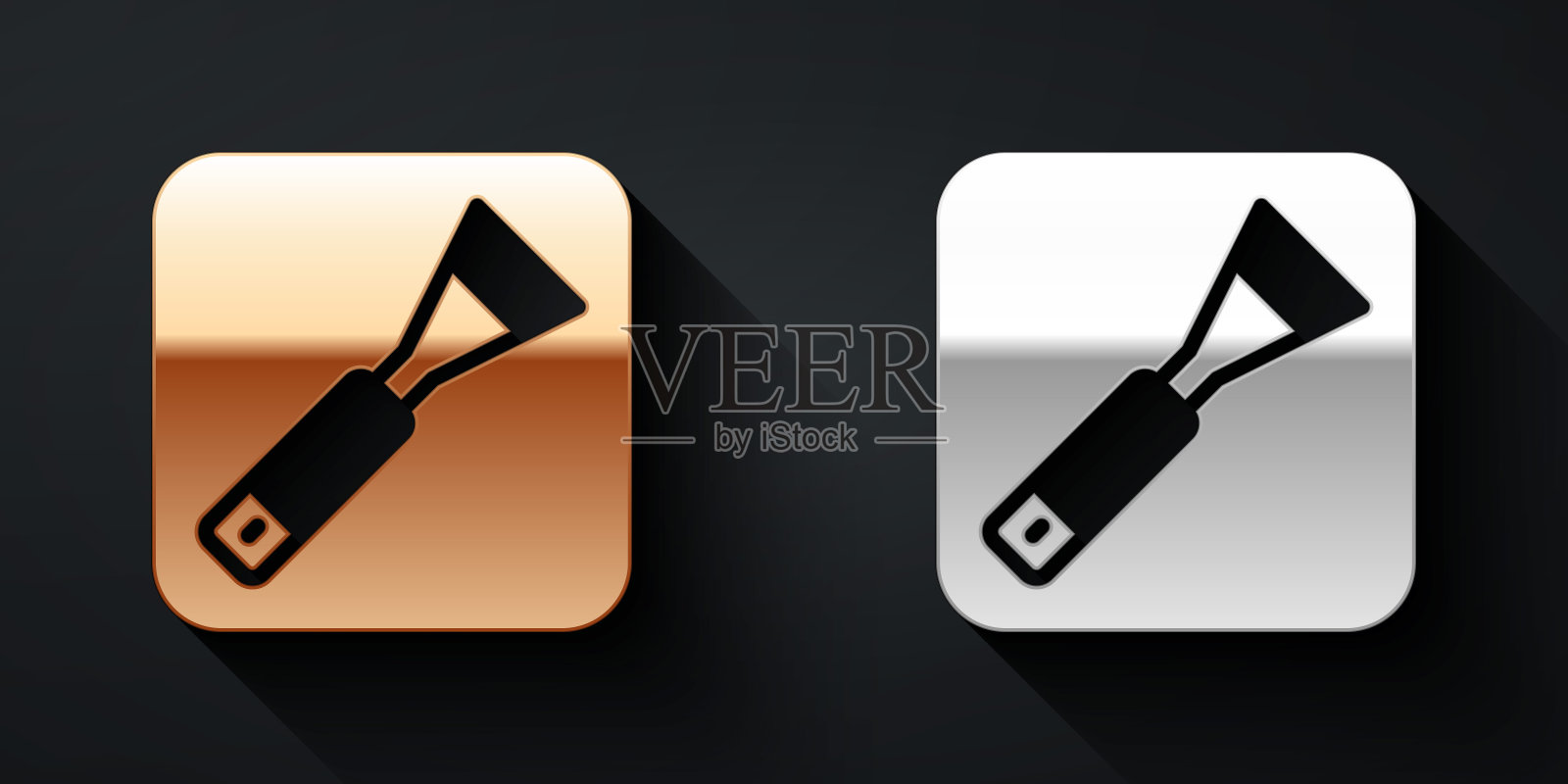 金色和银色油漆刷图标孤立的黑色背景。为艺术家或考古学家和清洁期间挖掘。长影式。向量图标素材