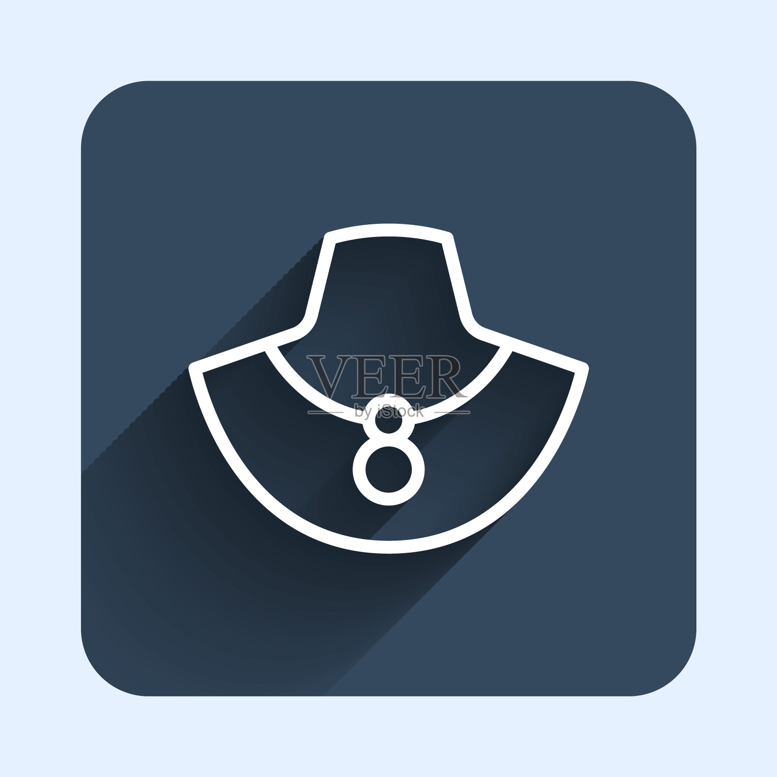 白线项链对人体模型图标孤立与长阴影背景。蓝色方形按钮。向量插画图片素材