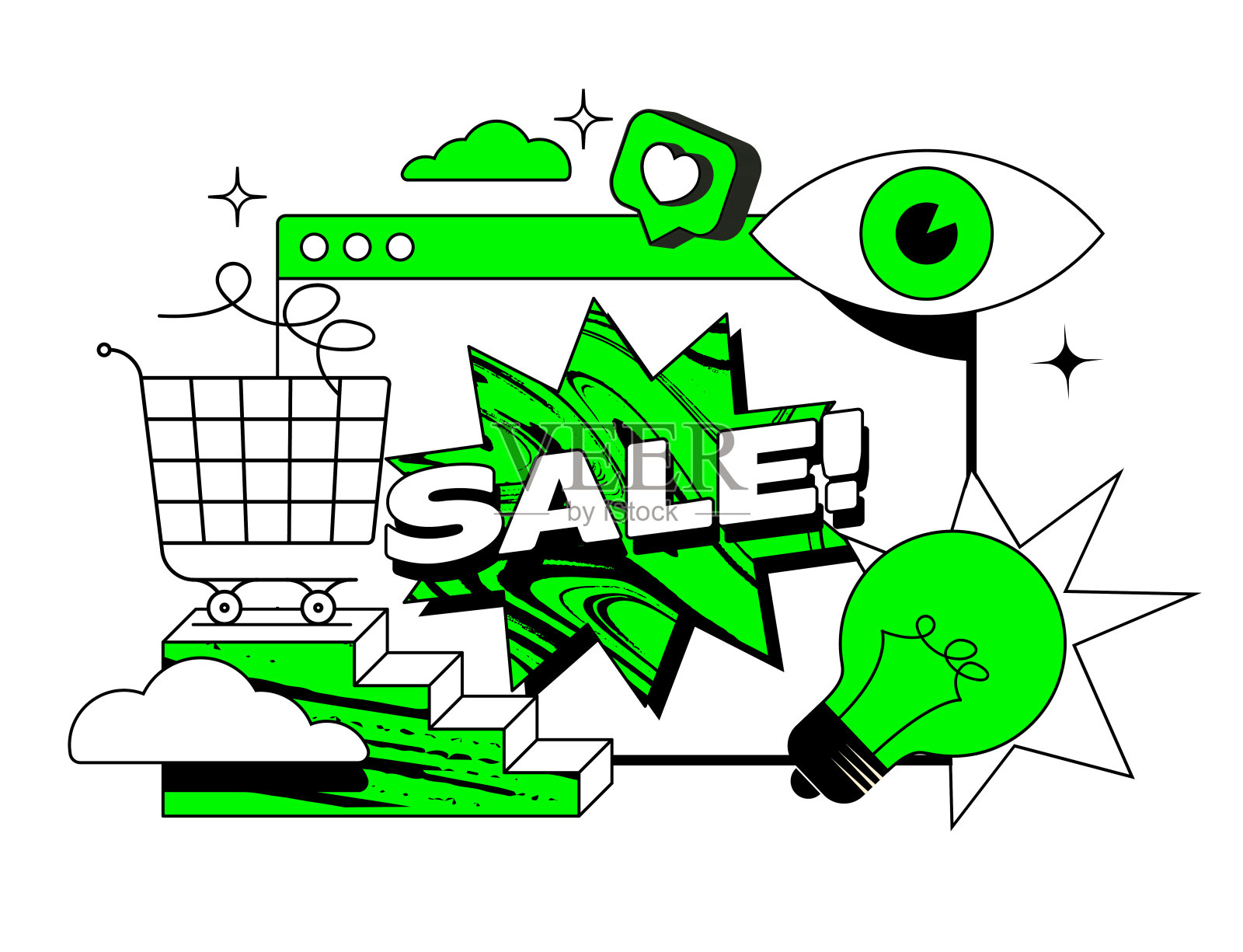 在线销售横幅或海报设计模板与极简主义的复古设计元素与绿色强调色在白色背景。矢量图插画图片素材