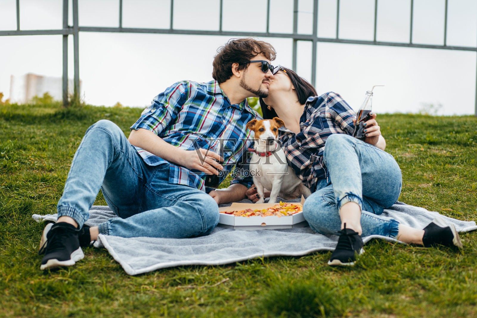 一个年轻的家庭带着他们的狗坐在草地上，在户外吃披萨零食照片摄影图片