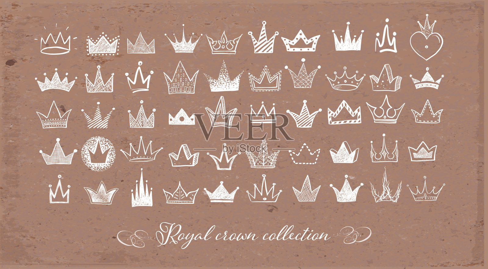 收集涂鸦皇冠在棕色包裹纸的背景。矢量素描插图。插画图片素材