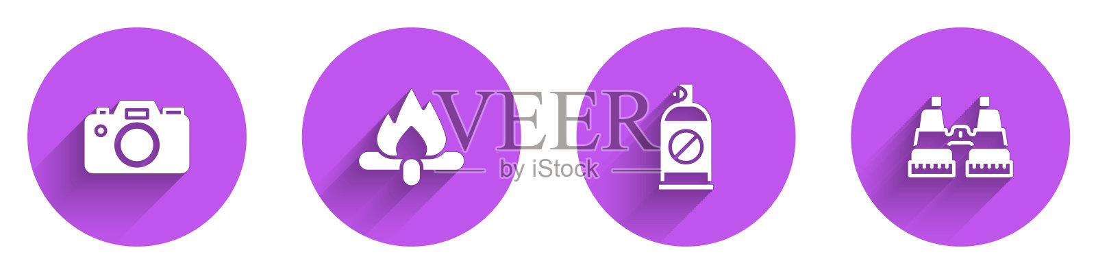 集照相机，营火，喷雾对昆虫和双筒望远镜图标长阴影。向量图标素材