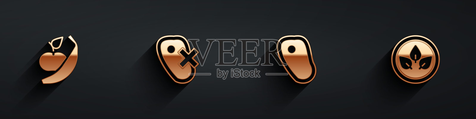 设定苹果和香蕉，不吃肉，牛排和素食饮食图标长阴影。向量图标素材