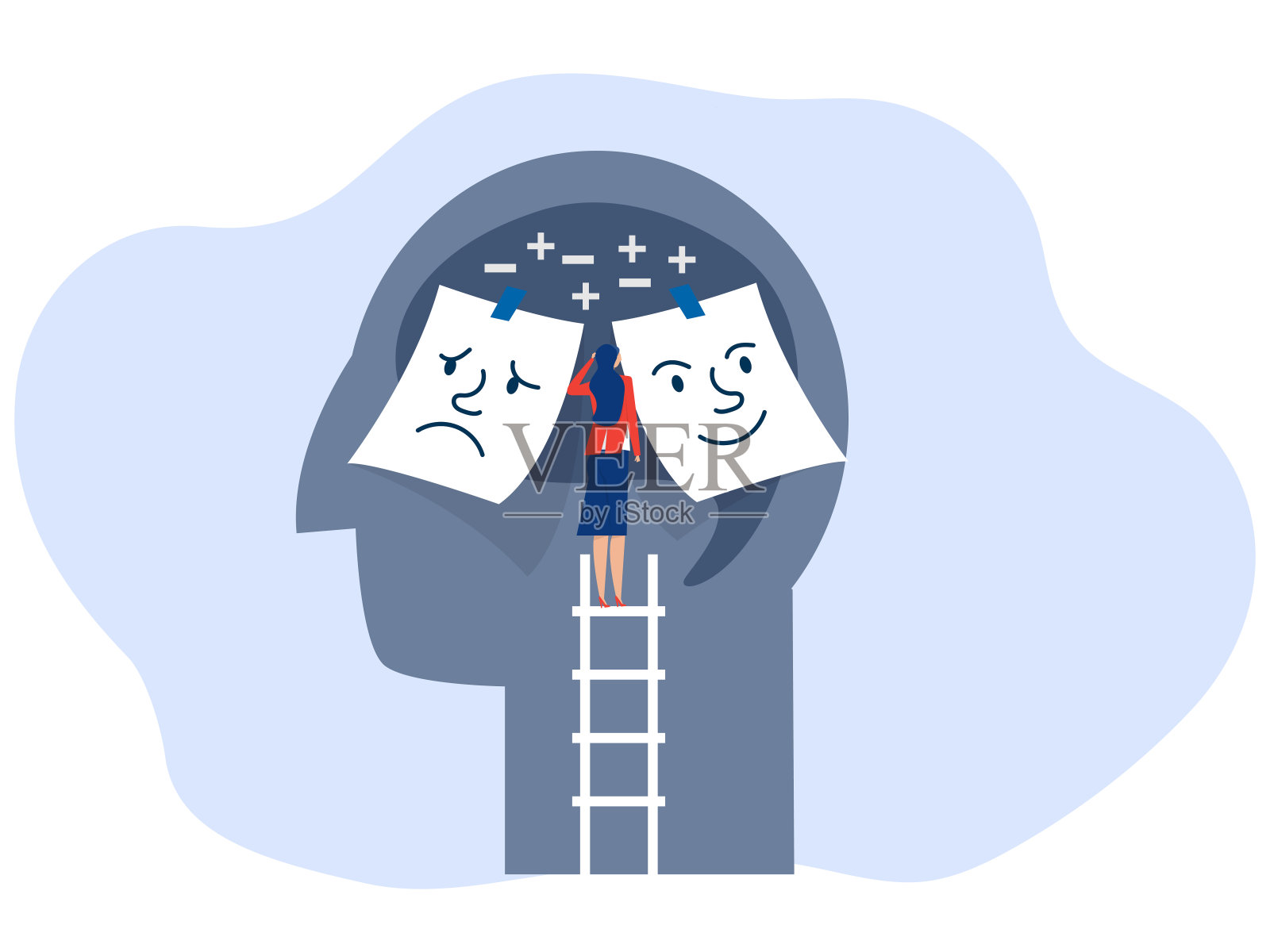 在面具冒名顶替综合症、双相情感障碍、假脸和假情绪下，快乐和悲伤的混合情绪。心理学上，虚伪的行为还是骗子。矢量插画家插画图片素材