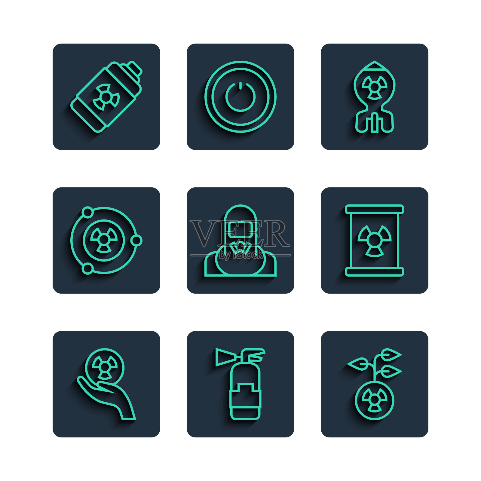 设置线放射性，灭火器，核弹，反应堆工人，能源电池和废物桶图标。向量图标素材