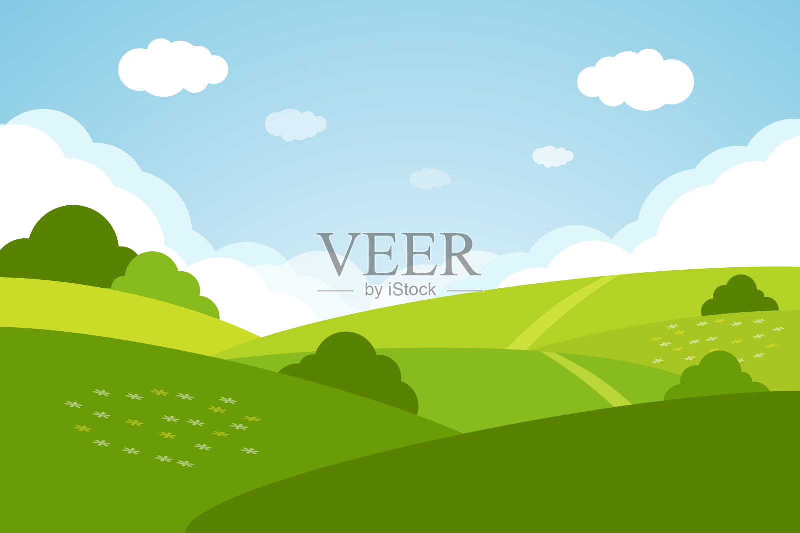 山谷的风景。带草的卡通草甸景观。插画图片素材